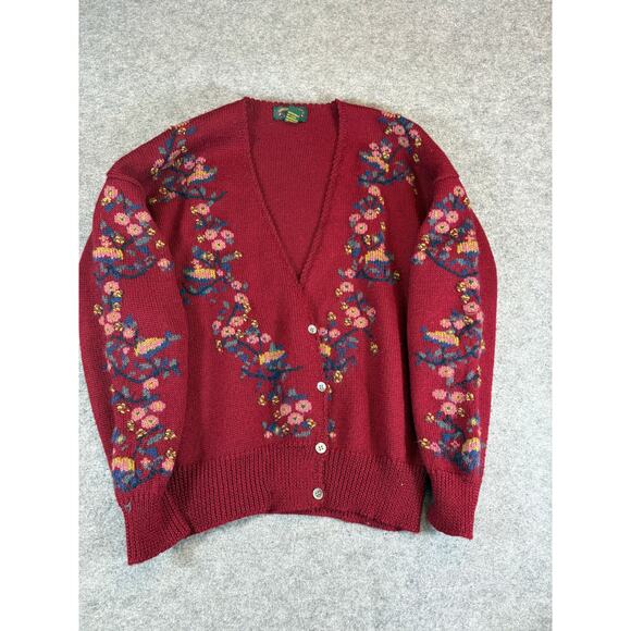 VTG Charter Club Petites Wool Floral Cardigan Womens Large Red Cottagecore 90s - Picture 1 of 10
